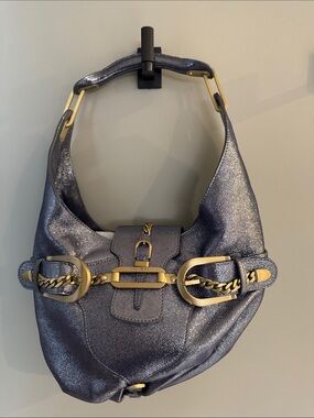 Jimmy Choo Metallic Navy Hobo with Gold Hardware